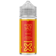 A 100ml bottle of Pod Salt Nexus Mango Strawberry Peach flavor e-liquid with a yellow label and red highlights.